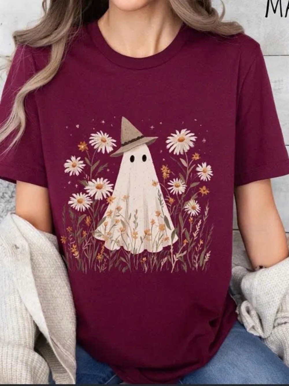 Girls' Maroon Halloween Ghost Daisy Tee